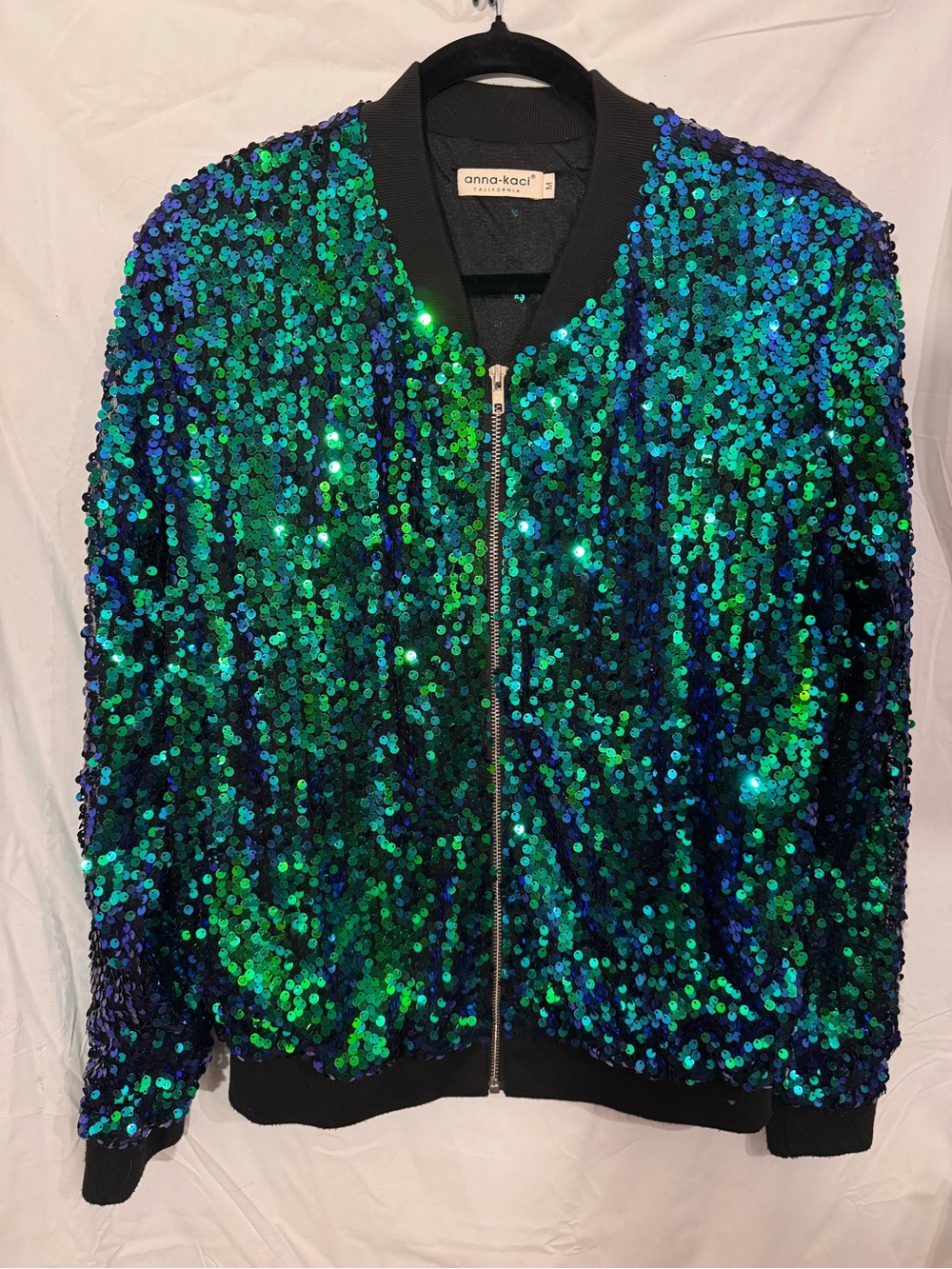 Anna-Kaci Mermaid Blue Green Sequin Bomber Jacket Full Zip Shiny Size Medium